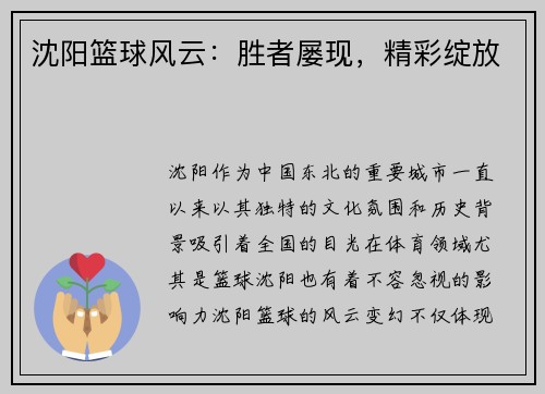 沈阳篮球风云：胜者屡现，精彩绽放