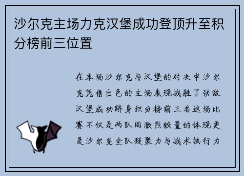 沙尔克主场力克汉堡成功登顶升至积分榜前三位置