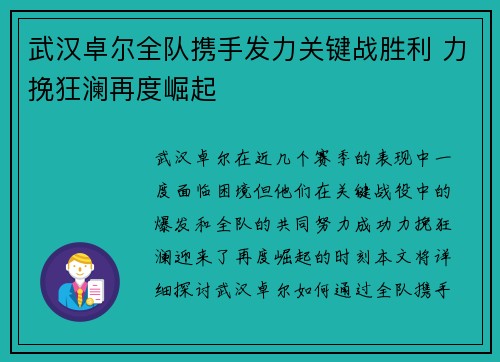 武汉卓尔全队携手发力关键战胜利 力挽狂澜再度崛起